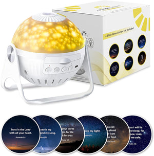 GloriLight lit up in gold next to box at the top center. Underneath are the six starter set discs all collated left to right. First disc you can read Trust in the Lord with all your heart, Proverbs 3:5.