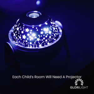 A close up shot on the GloriLight lit up in a dark room with top cover off and stars are glowing in white. Text mid bottom center reads, each child's room will need a projector. GloriLight logo and name bottom right corner in white.
