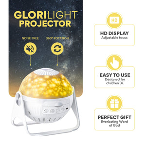 GloriLight with yellow light showing noise free icon, 360 degree rotation icon, text includes HD Display adjustable focus, Easy to use, designed for children 3+, perfect gift, everlasting Word of God. image background includes night sky with stars. Title text includes GloriLight Projector.