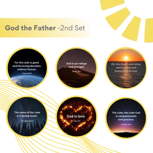 Title text reads, God the Father, second set. Four beams of yellow from logo are in right corner. Below there are six small circular pictures of this set of discs. Three pictures in two rows. Pictured from left to right; the earth from space, a sand dune at sunset, the sun setting over water, a towering row of pine trees and a starry night sky, a heart etched in fire with the verse God is Love overtop, only verse that is readable due to large text, and last picture is a horizon with an orange hue sunset. 