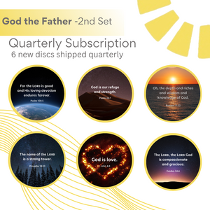 Title text reads, God the Father, second set. Four beams of yellow from logo are in right corner. Below there are six small circular pictures of this set of discs. Three pictures in two rows. Pictured from left to right; the earth from space, a sand dune at sunset, the sun setting over water, a towering row of pine trees and a starry night sky, a heart etched in fire with the verse God is Love overtop, only verse that is readable due to large text, and last picture is a horizon with an orange hue sunset.