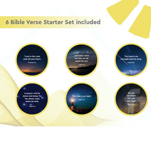 Picture is a side of the GloriLight box. Title text reads six Bible Verse Starter Set included. Far right corner are two yellow beams from a small section of GloriLight logo. In the middle are two rows of the six disc images that come in the starter set. In the background behind the discs images is a yellow swirl of lines.