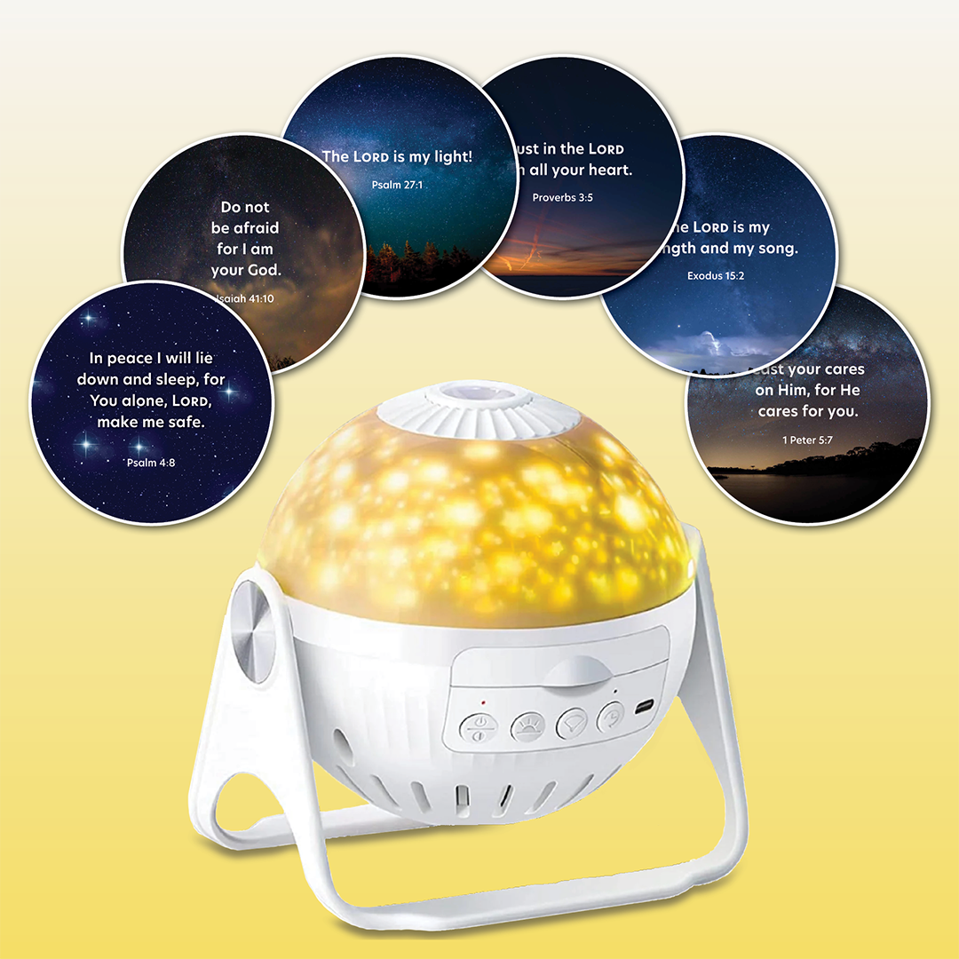 Picture of a GloriLight lit up with white stars over a yellow background on the left. On the right are the six starter set discs images in three rows, two by two. Behind the images is a yellow rectangle box. There are yellow swirling lines in the background middle.