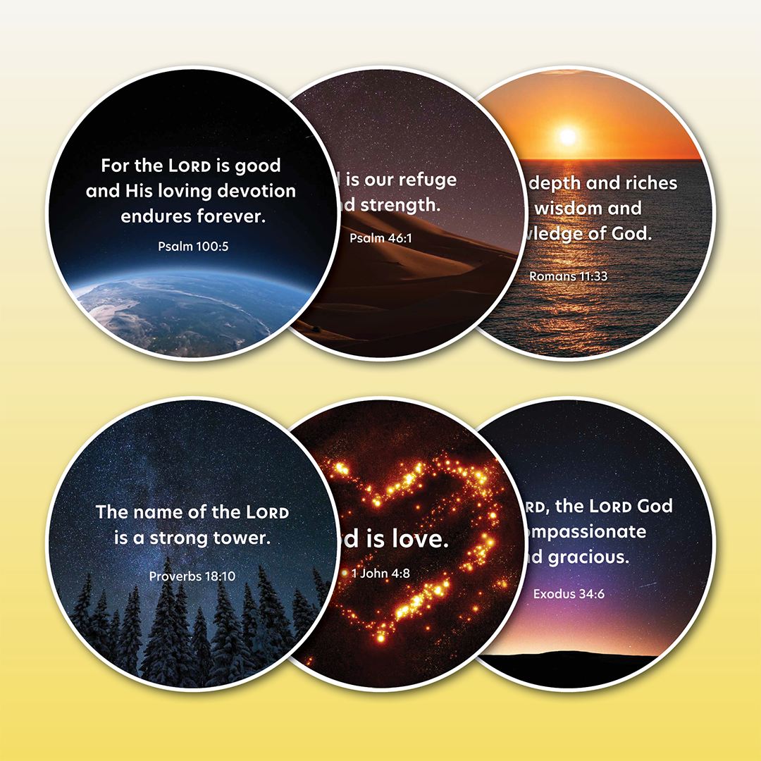 Below there are six small circular pictures of this set of discs. Three pictures in two rows. Pictured from left to right; the earth from space, a sand dune at sunset, the sun setting over water, a towering row of pine trees and a starry night sky, a heart etched in fire with the verse God is Love overtop, only verse that is readable due to large text, and last picture is a horizon with an orange hue sunset.