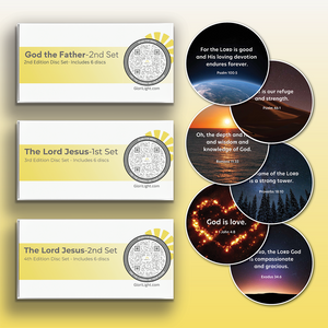 Below there are six small circular pictures of this set of discs. Three pictures in two rows. Pictured from left to right; the earth from space, a sand dune at sunset, the sun setting over water, a towering row of pine trees and a starry night sky, a heart etched in fire with the verse God is Love overtop, only verse that is readable due to large text, and last picture is a horizon with an orange hue sunset.