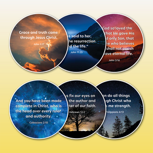 Image of all 6 bible verses included in this disc set. Text includes: The lord jesus - 1st set. 3rd edition disc set- includes 6 discs. Bible verses included in this disc set: John 3:16, John 11:25, John 1:17, Colossians 2:10, Hebrews 12:2, and Philippians 4:13. All discs include image of night sky, trees, stars and clouds.