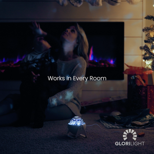 GloriLight night light projector is center focal point as it is lit up and projecting on to the ceiling in what appears to be near the Christmas tree.  A mom and child are both looking up at the celing in the background. Text in the middle reads work every room. GloriLight logo and name in the bottom right corner in white.