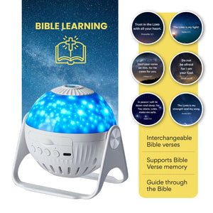 Picture of GloriLight with 6 Bible verse images and a night sky with stars background above the GloriLight.  Text includes: Bible learning, Interchangeable Bible verses, supports Bible verse memory, guide through the Bible.  Includes icon with Bible and cross.  