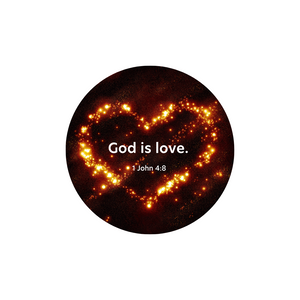 Circular picture of bright fire colored stars in the shape of a heart with white text overlaid. The text reads God is love. First John 4:8