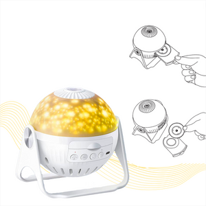 image of glorilight globe light with yellow light.  shows drawing diagrams of how to insert the disc using your thumb and pointer finger. 