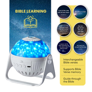 Picture of GloriLight with 6 Bible verse images and a night sky with stars background above the GloriLight. Text includes: Bible learning, Interchangeable Bible verses, supports Bible verse memory, guide through the Bible. Includes icon with Bible and cross.